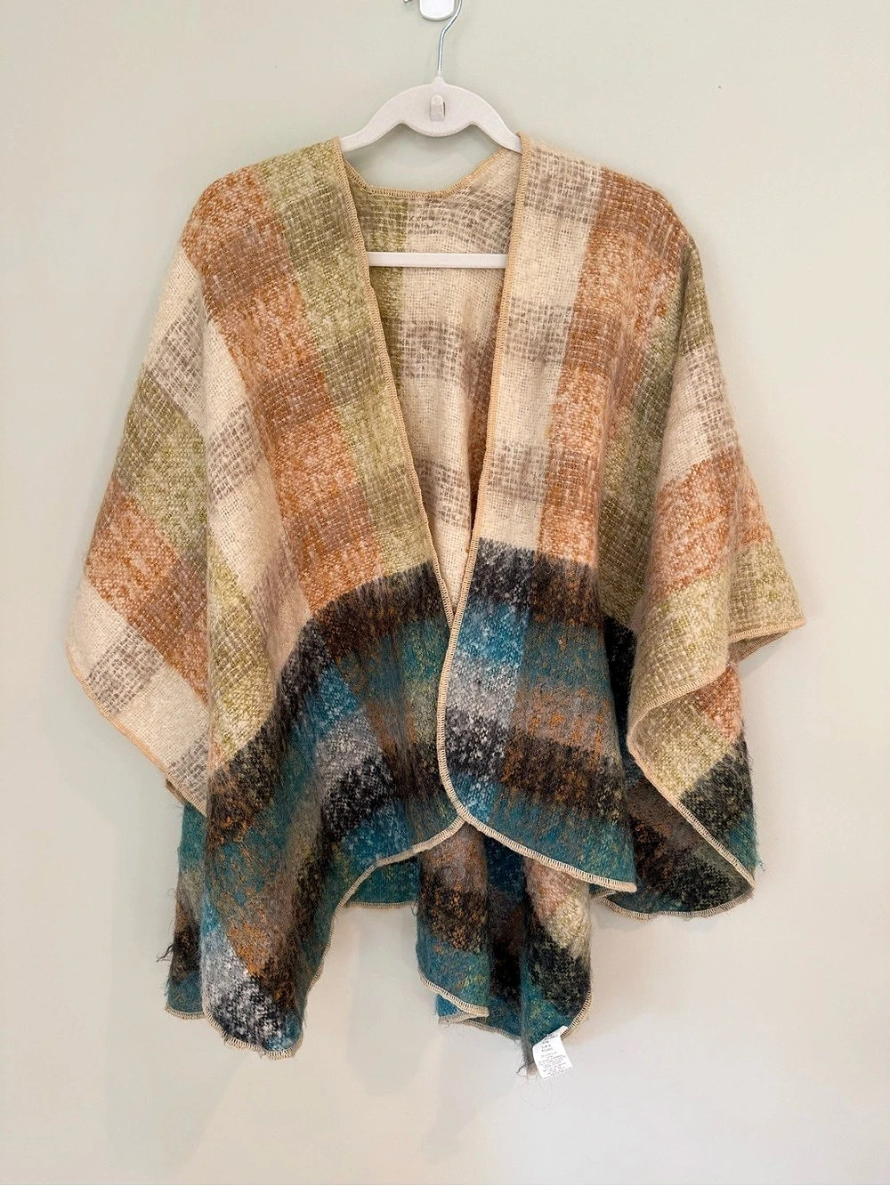 Mohair Plaid Colorblock Poncho Wrap Cape Made in France One Size